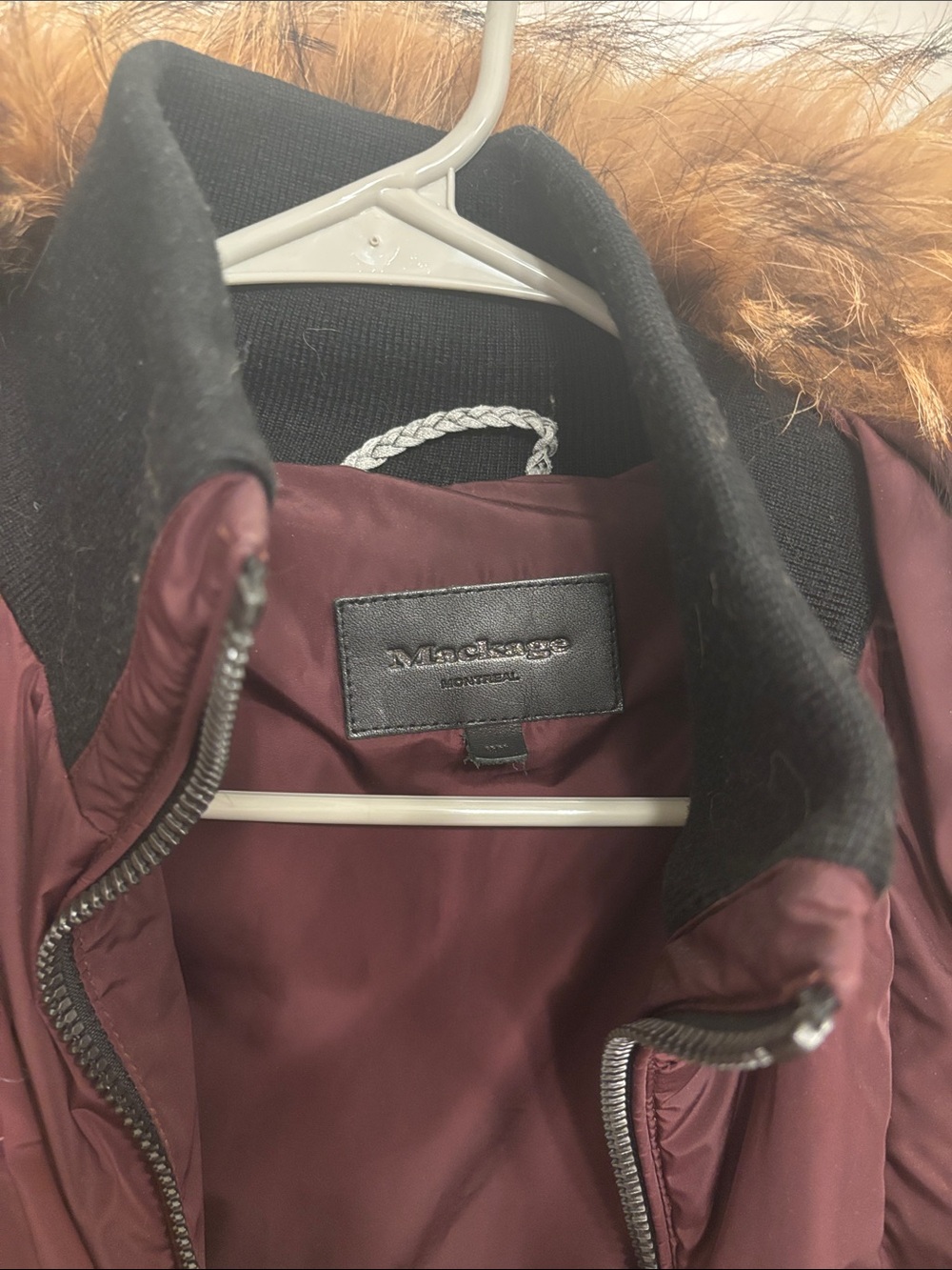 Mackage Women's Burgundy Puffer Coat with Fur-Trim Hood